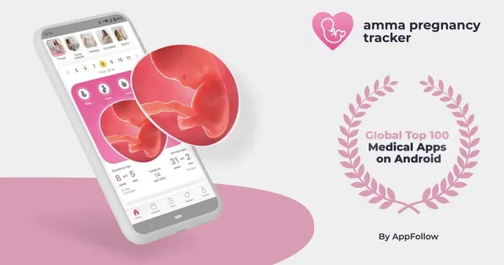 Insignia de AppFollow del top 100 global de apps médicas en Android, junto a la app de amma