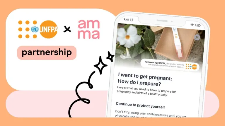 Gráfico de la alianza UNFPA × amma con un celular que muestra el artículo de amma “Quiero embarazarme: ¿cómo me preparo?”, marcado como revisado por el UNFPA