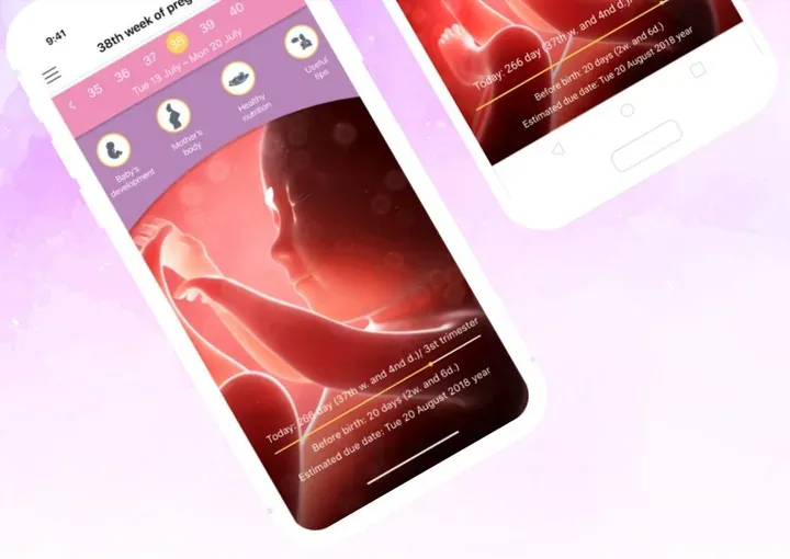 La app de seguimiento del embarazo de amma en dos pantallas de celular