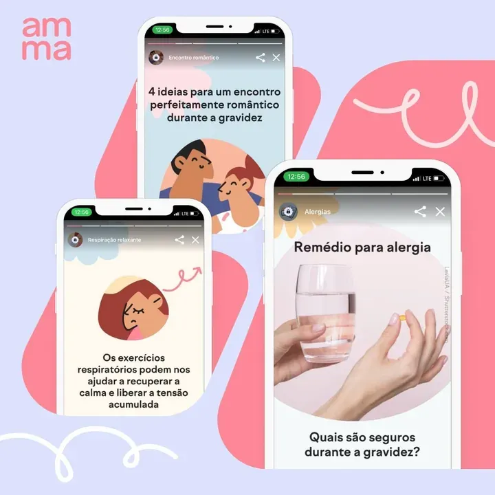 Historias de amma en la app, en portugués, en tres pantallas de celular