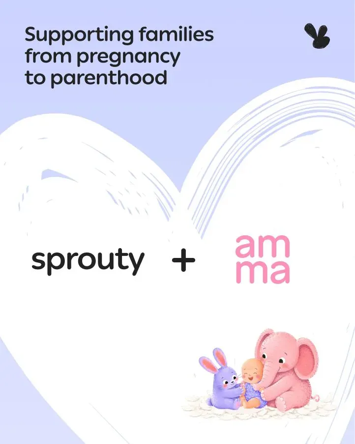 Sprouty and amma logos inside a white heart under the line “Supporting families from pregnancy to parenthood”, with an illustrated bunny, baby and pink elephant